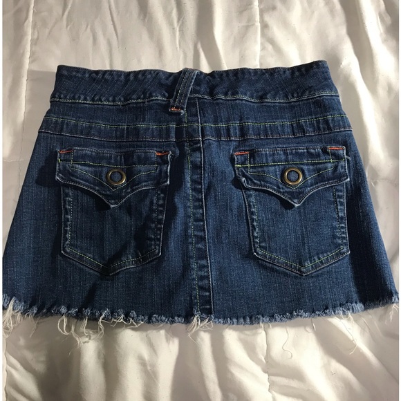 Vintage Blue Asphalt Cut-off Denim Mini Skirt. Orange and neon green stitching. - Picture 2 of 2